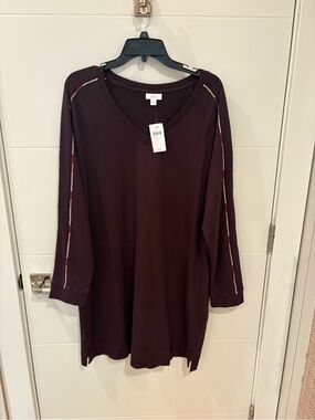 J. Jill Long-Sleeve V-Neck Tunic in Plum with Stripe Detail